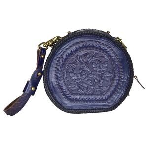 Mary Alice Palmer Bag Round Engraved Leather Floral Blue Cross Body Purse